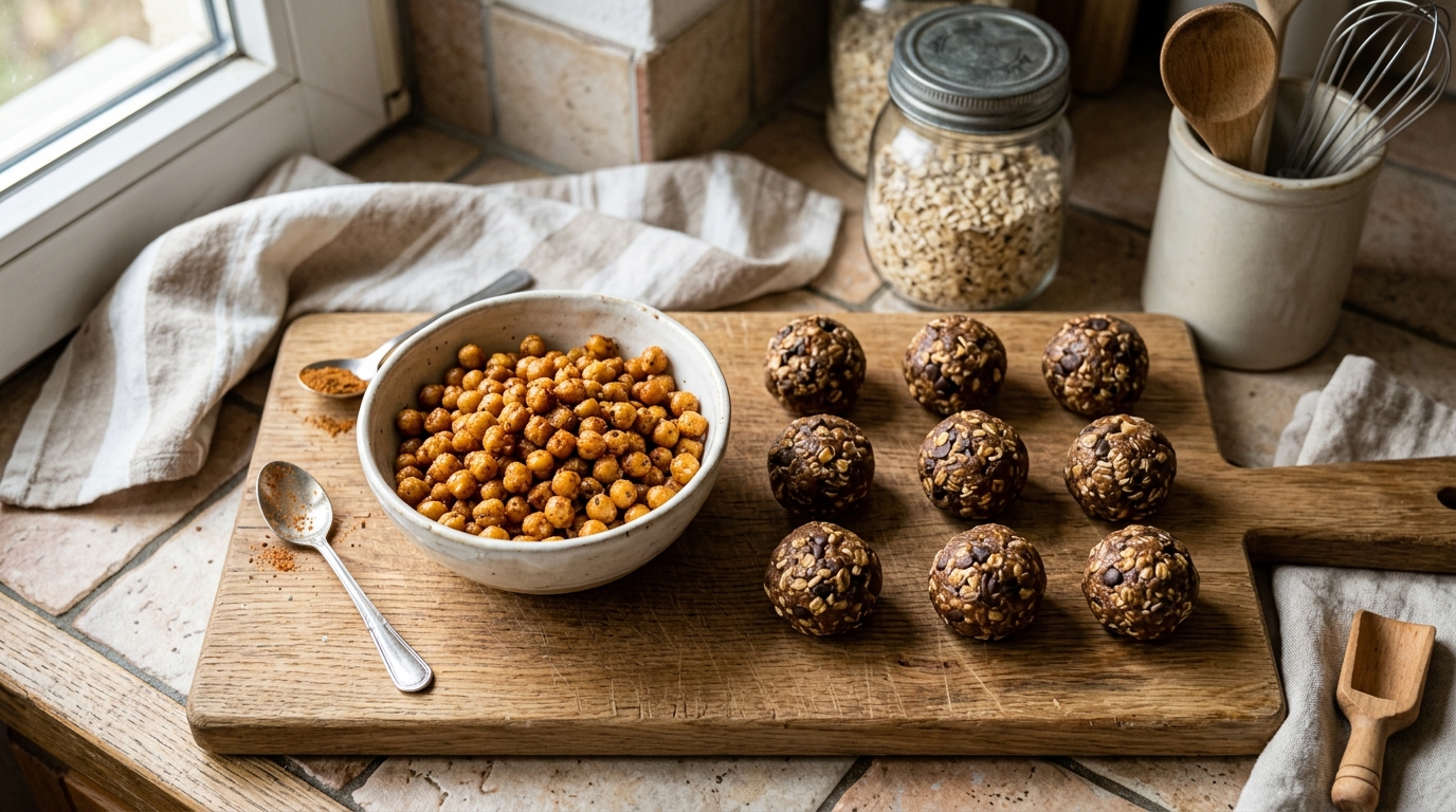 Selbstgemachte High-Protein-Snacks wie Kichererbsen und Proteinbällchen auf einem Küchentisch