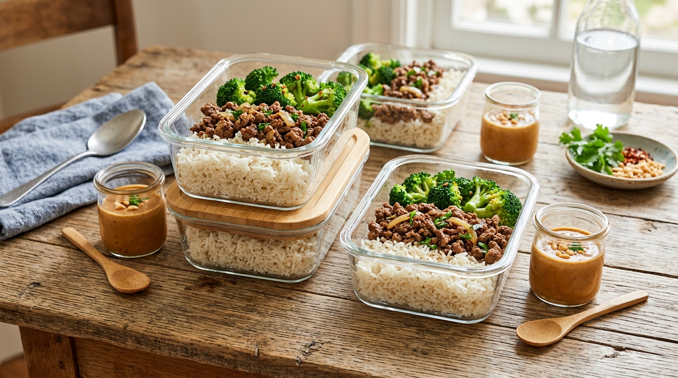 Günstige Meal Prep Dosen gefüllt mit Reis, Hackfleisch, Brokkoli und Erdnusssauce für den Muskelaufbau