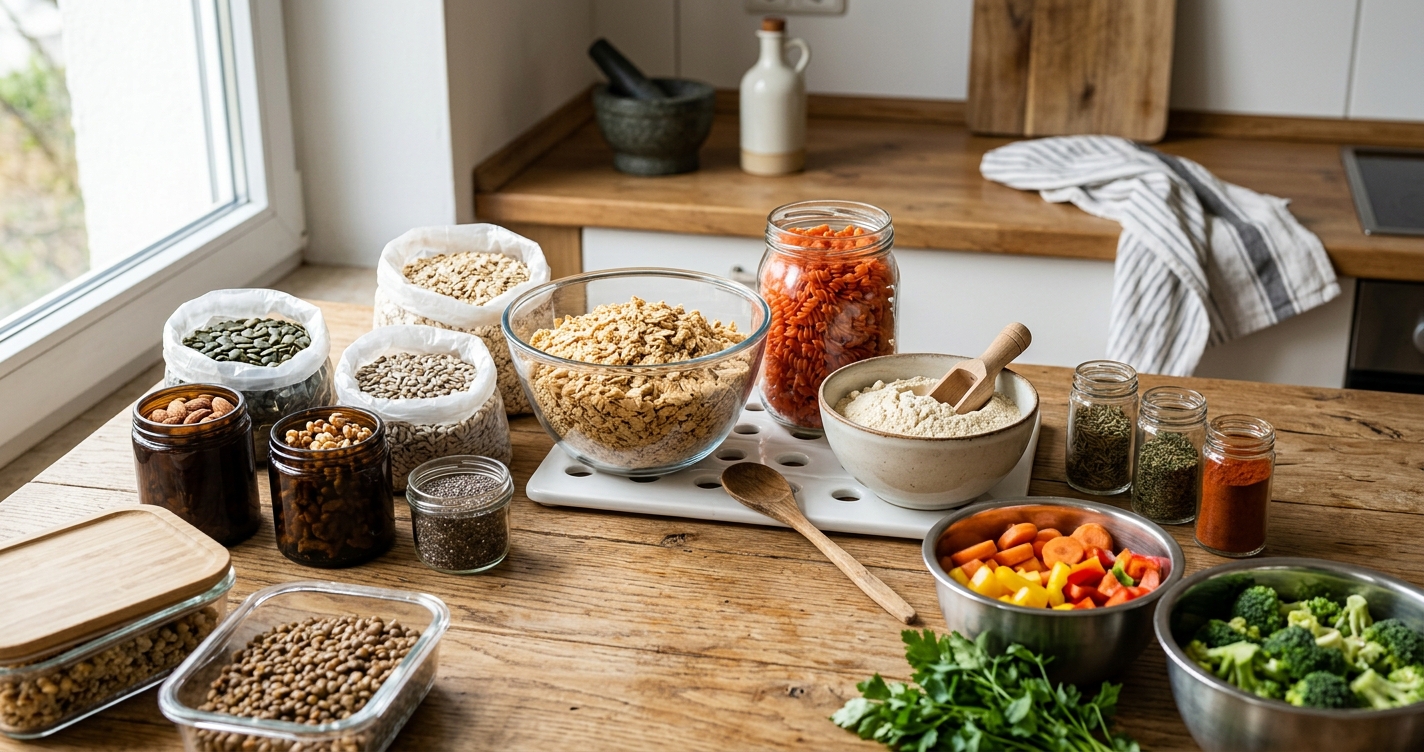 Eine Auswahl an High-Protein-Produkten von dm auf einem Holztisch, darunter Sojaflocken und Proteinpulver.