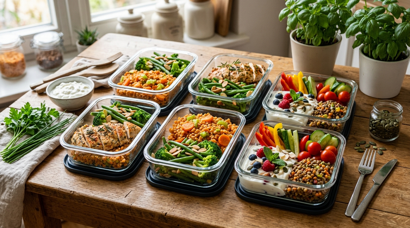 Ausgewogener Fitness-Einkaufswagen mit Magerquark, Hähnchenbrust, roten Linsen und Gemüse von Edeka