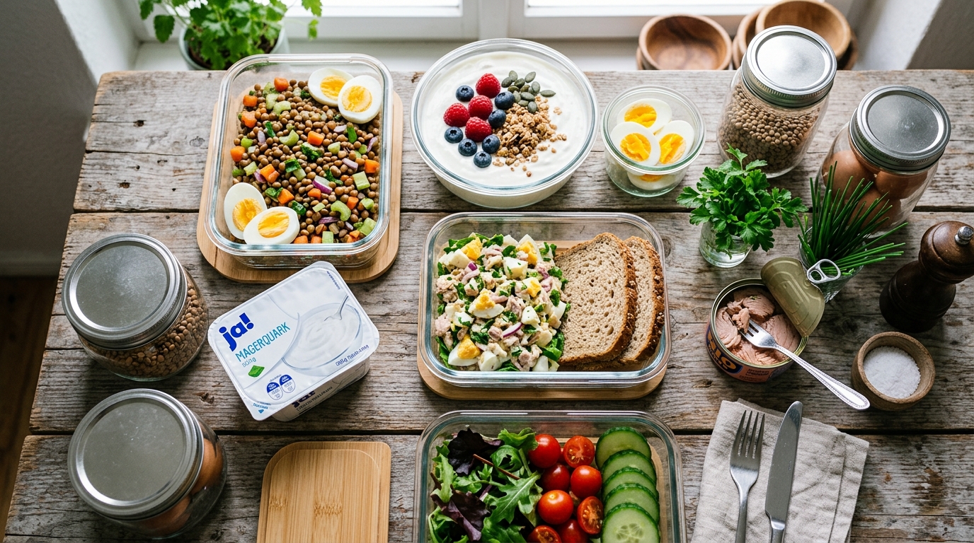 Ein gedeckter Tisch mit proteinreichen Lebensmitteln von Hofer wie Topfen, Eiern und Hülsenfrüchten