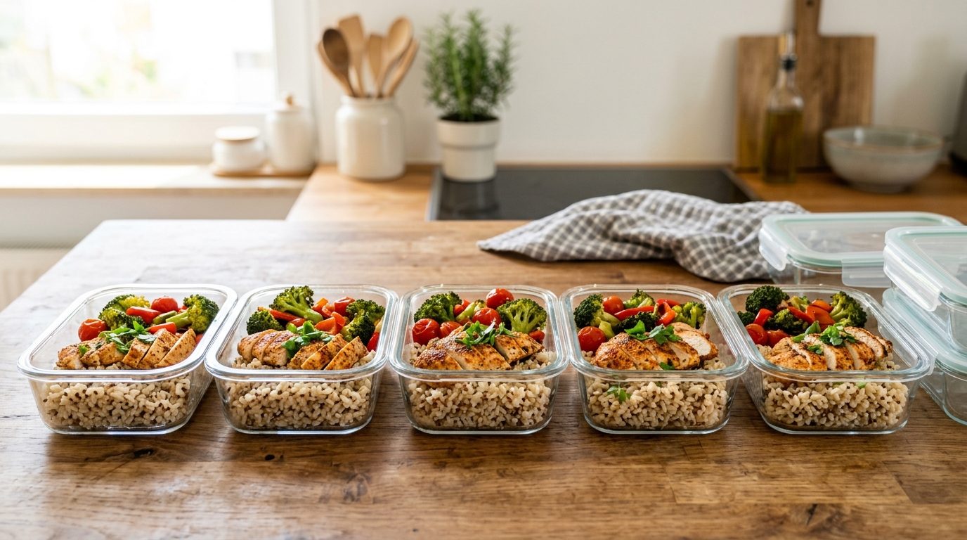 High-Protein Meal Prep Boxen aus Glas aufgereiht für fünf Tage mit Hähnchen, Reis und Ofengemüse