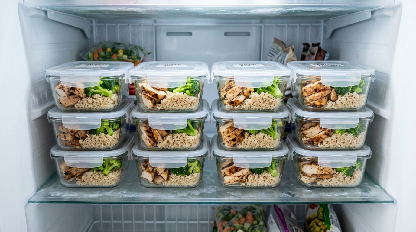 High Protein Meal Prep Dosen ordentlich gestapelt im Gefrierfach