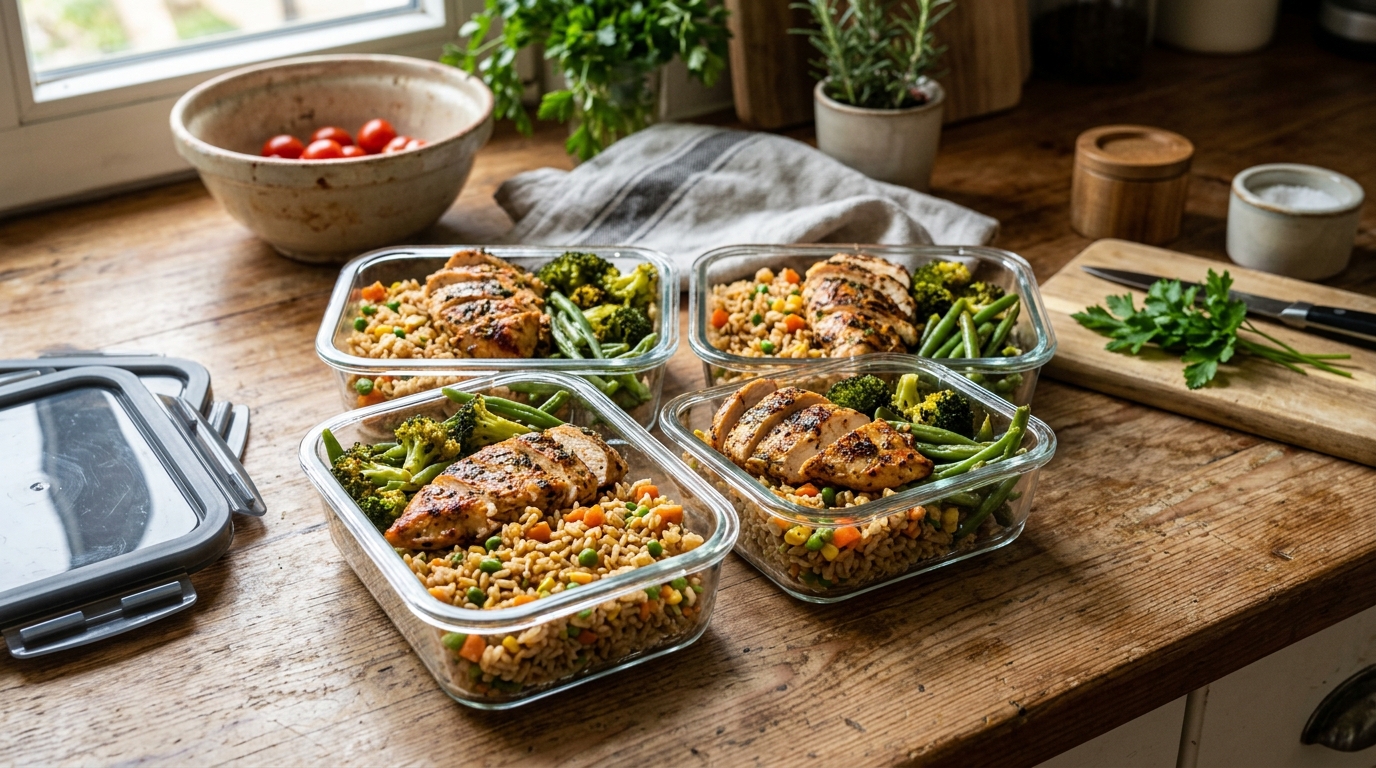 Pragmatisch vorbereitete Meal-Prep-Boxen mit Hähnchen, Reis und Brokkoli auf einer Küchentheke