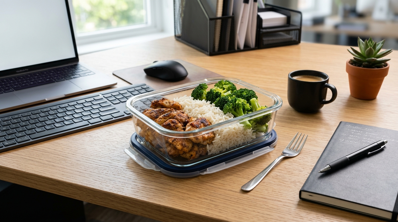 Appetitliches High Protein Meal Prep Gericht in einer Glasbox auf einem Schreibtisch im Büro