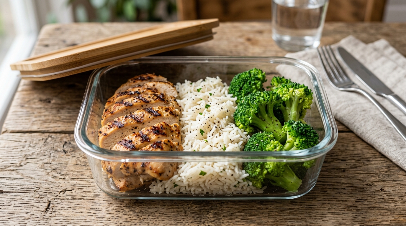 Ein appetitliches, vorbereitetes Gericht für eine Person in einer Glasdose mit Hähnchen, Reis und grünem Brokkoli auf einem Holztisch.
