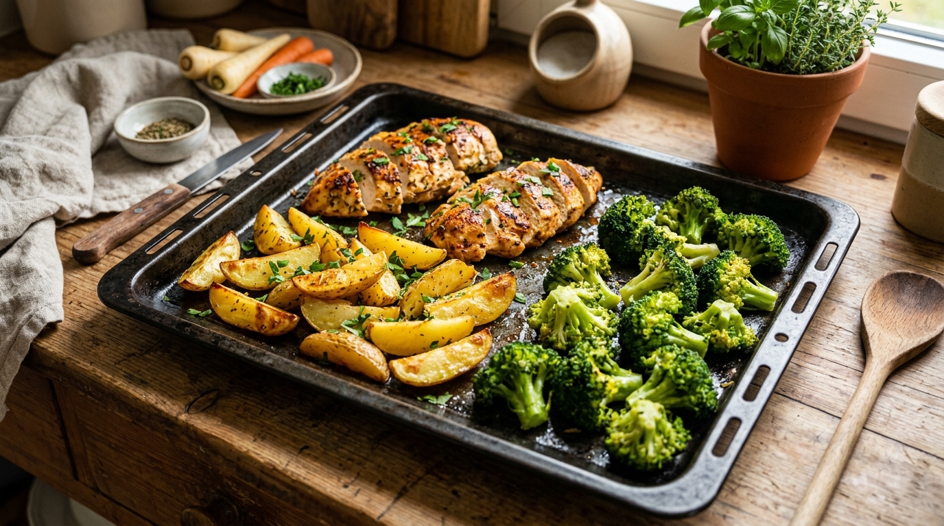 Ein Ofenblech mit saftiger Hähnchenbrust, gerösteten Kartoffeln und grünem Brokkoli, frisch zubereitet für das wöchentliche Meal Prep.