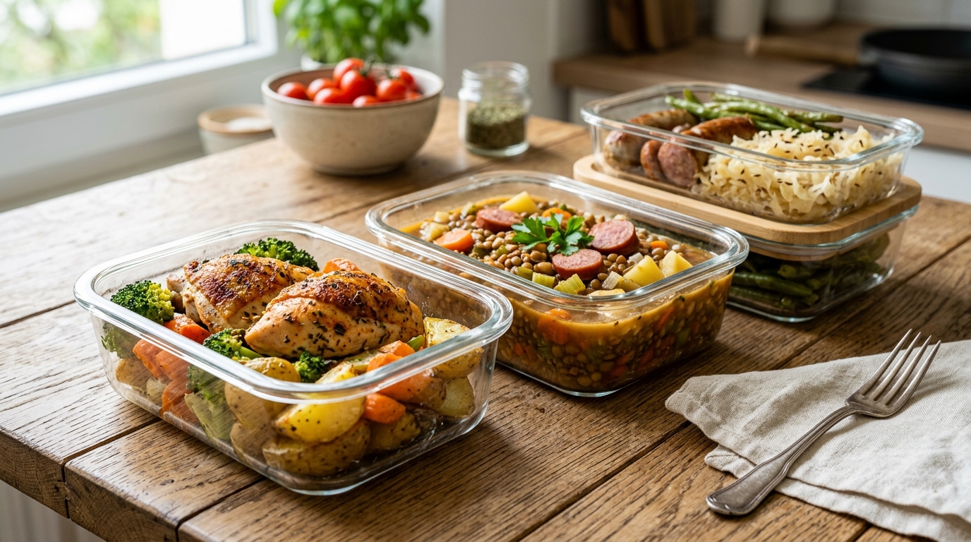 Günstiges High Protein Meal Prep in Glasboxen auf einem Küchentisch