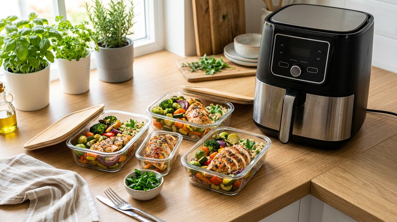 Knuspriges Hähnchen und Gemüse aus der Heißluftfritteuse in Meal-Prep-Boxen aufgeteilt