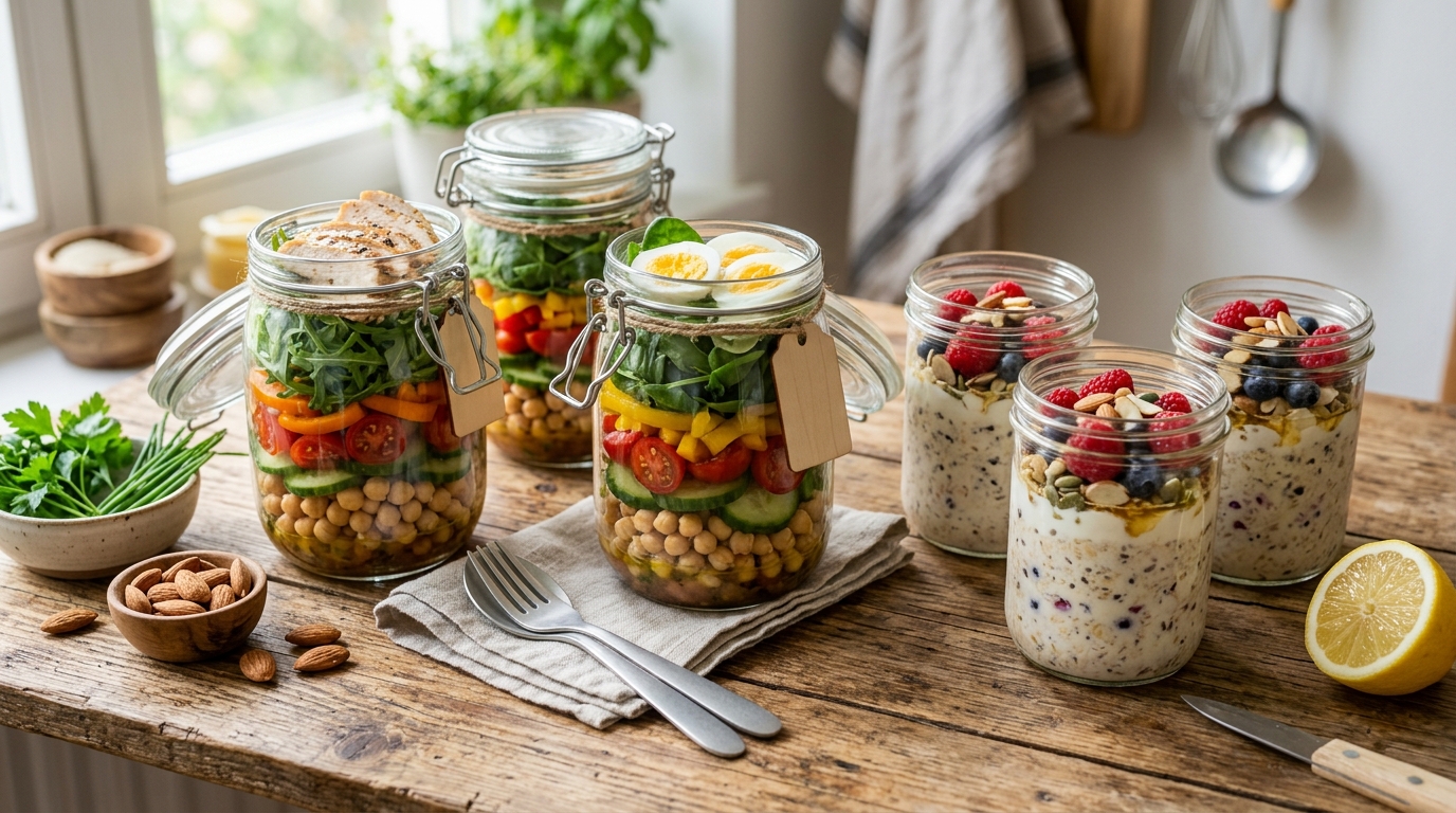 Mehrere vorbereitete Gläser mit geschichtetem Salat und Overnight Oats auf einer Küchentheke