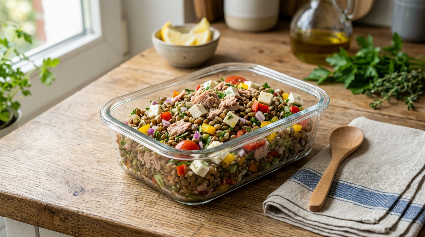 Kaltes High Protein Meal Prep in einer Glasbox mit Linsen, Thunfisch und Gemüse auf einem Küchentisch.