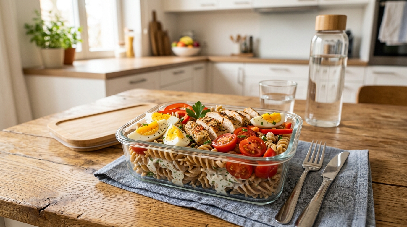 Appetitliches deutsches High-Protein Meal Prep Gericht in einer Glasdose für unterwegs, kalt genießbar.