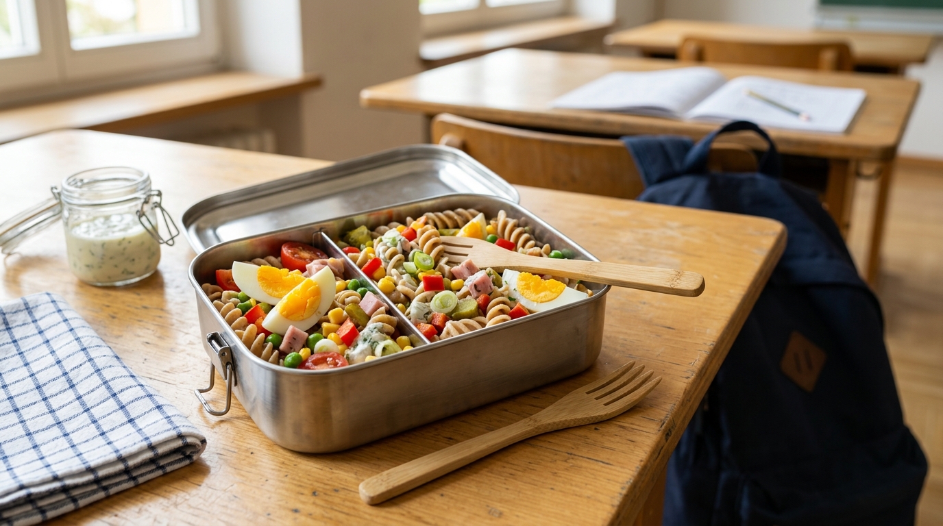 Eine gepackte Edelstahl-Lunchbox mit Nudelsalat, gekochten Eiern und Gemüsesticks auf einer Schulbank.