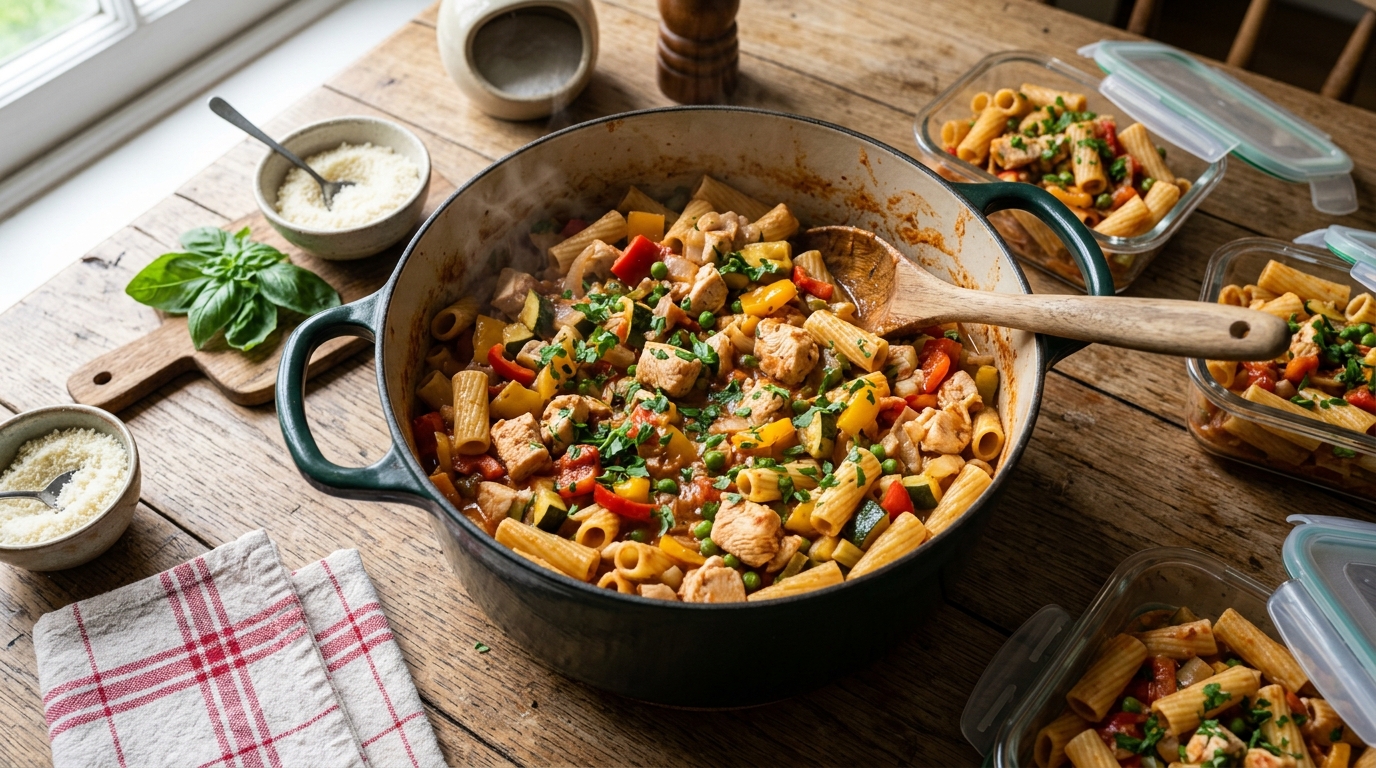 High-Protein One-Pot Nudelpfanne mit Hähnchen und Gemüse in einem großen Topf