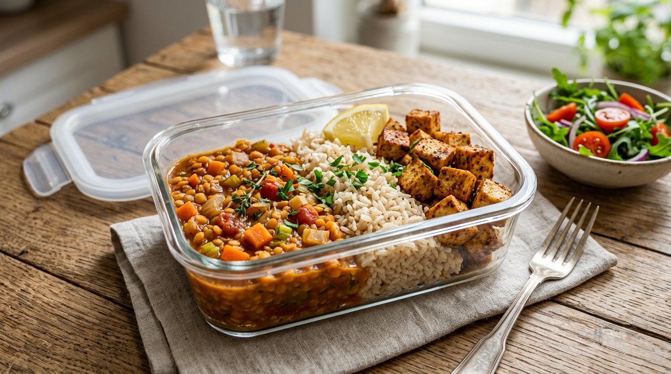 Günstiges High-Protein-Gericht mit roten Linsen, Reis und Tofu auf einem Holztisch