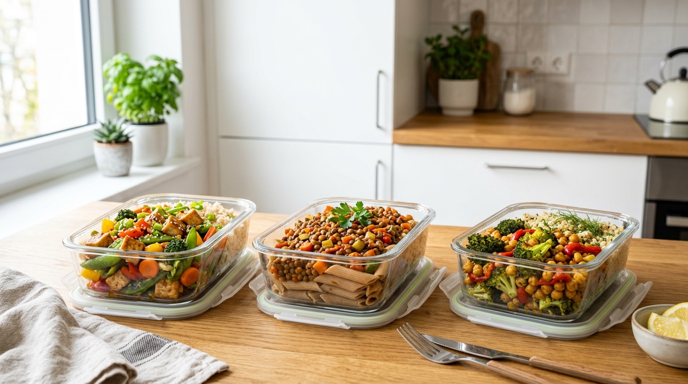 Günstiges veganes High-Protein Meal Prep in Dosen mit Tofu, Linsen und Gemüse
